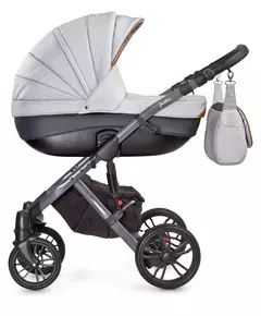 Mistgrijze kinderwagen met accessoires