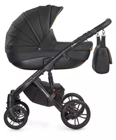 Zwarte kinderwagen met accessoires