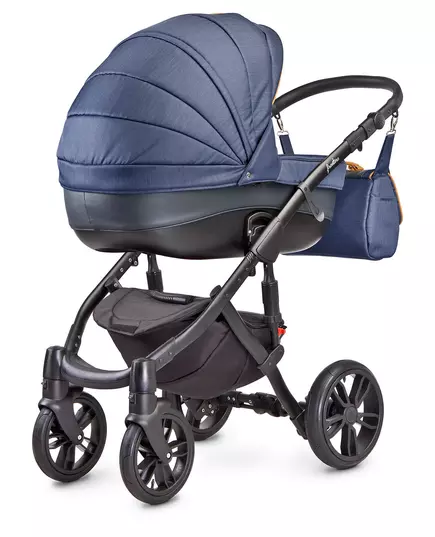 Donkerblauwe kinderwagen met accessoires